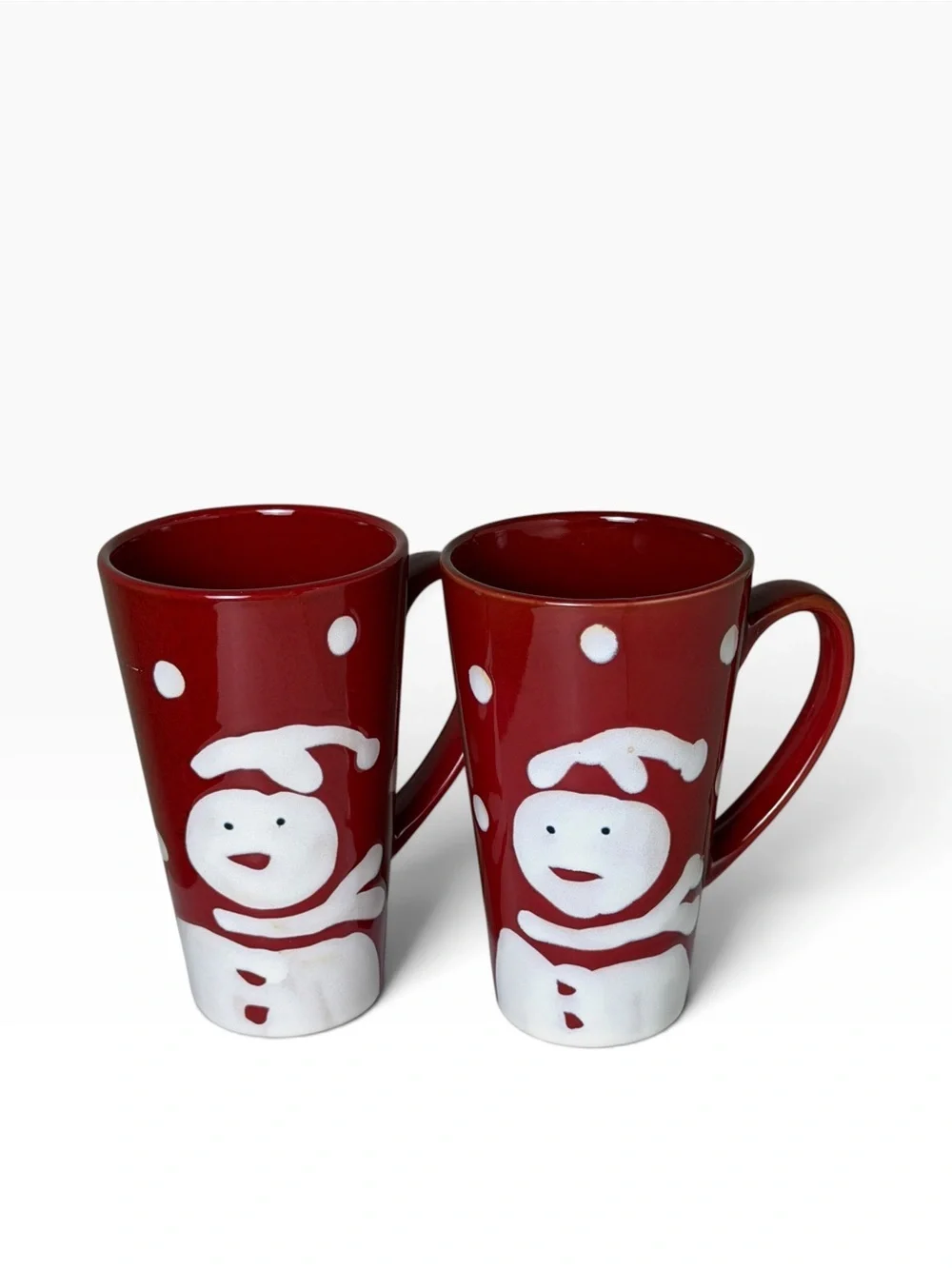 Pier 1 Snowman Christmas Mugs Set of 3 Hand Painted Red Holiday Stoneware